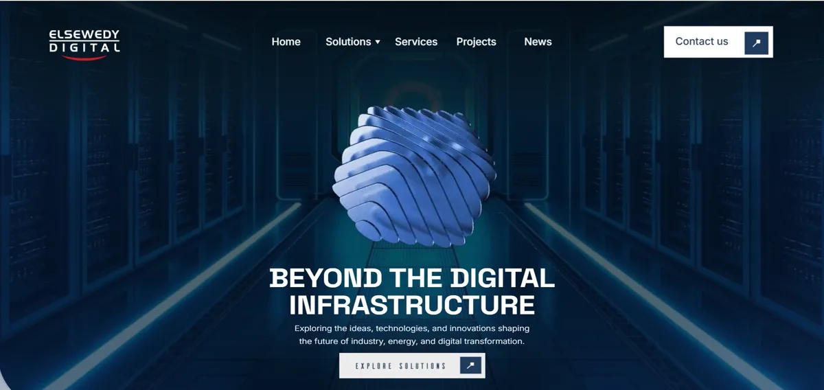 Homepage — 3D hero built around the brand's digital-infrastructure story.